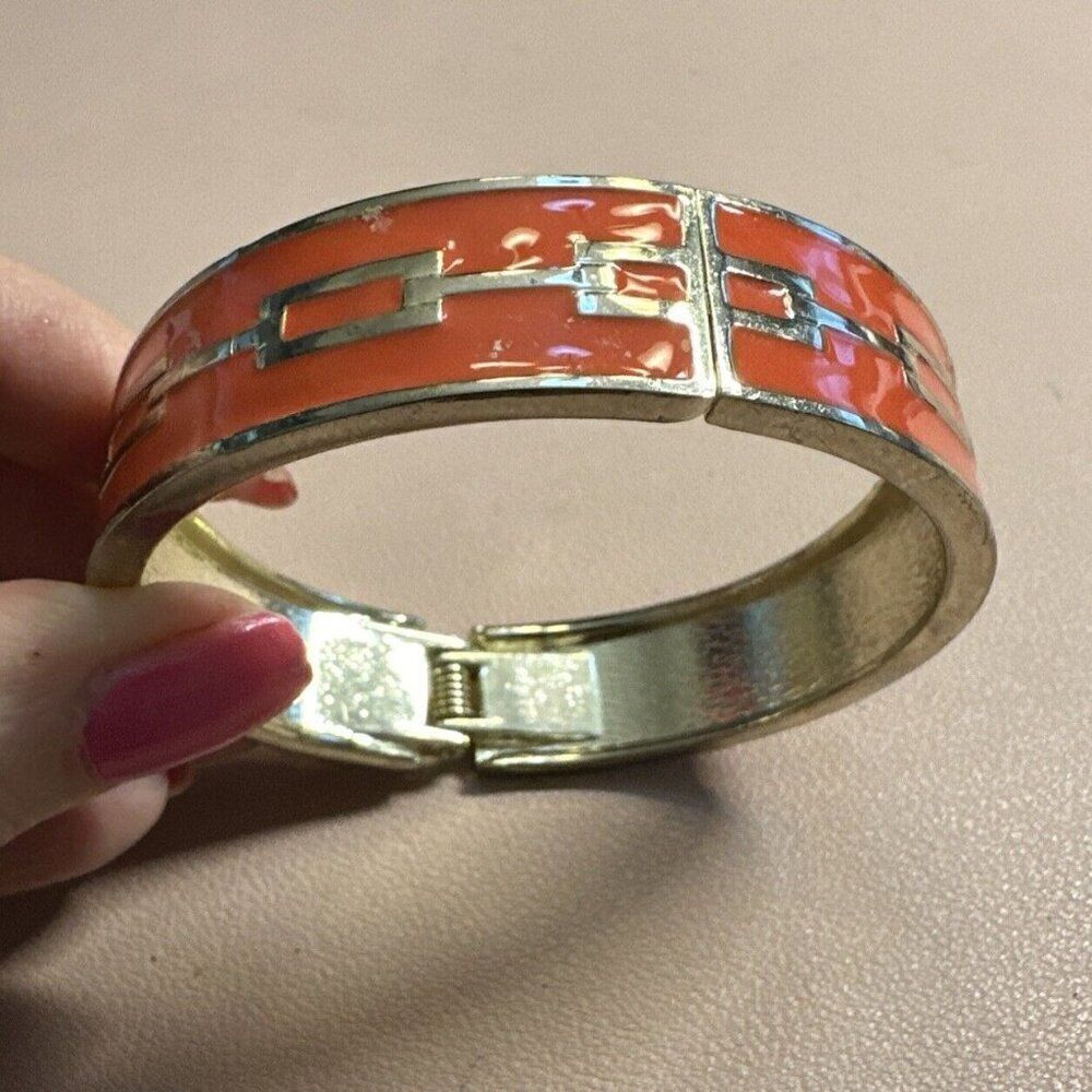 Vintage Gold/ Orange Enamel Hinged Bangle Bracelet .5/8” Wide  CP
